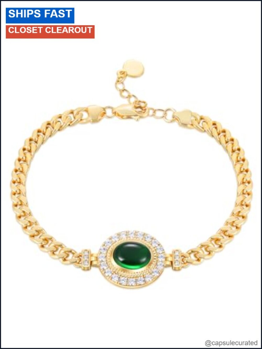18K Gold Plated Cuban Link Bracelet with CZ & Emerald-Bright Nanocrystal, Charm